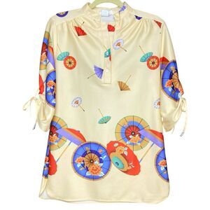 Vintage 70s Smartique novelty Japanese umbrella prints blouse size 14